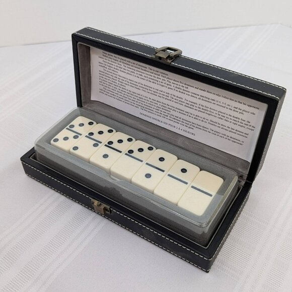 Bombay Company Tivoli Dominoes set - black leather stitched case - unused - Picture 1 of 5